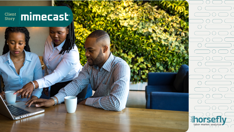 Image shows three people working together over a computer for the blog - Global Expansion Success: How Horsefly Guided Mimecast's International Talent Strategy